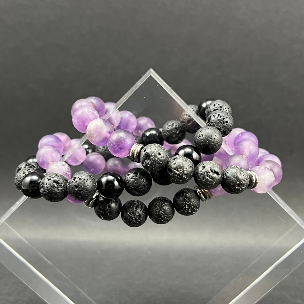 Amethyst Beaded Bracelets Purple Black Lava Stone Obsidian Stretch 3pc